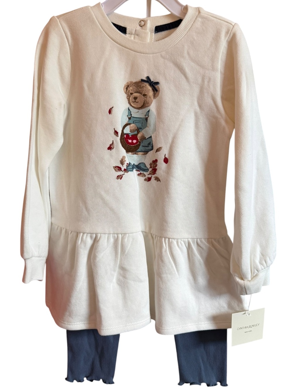 Cynthia Rowley Cream Long Sleeve Peplum Top Bear Graphic & Leggings NWT Size 4T